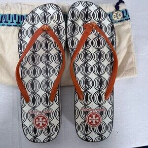 Tory Burch Black & White Patterned Wedge Sandals Orange Straps Size 9 With Bag